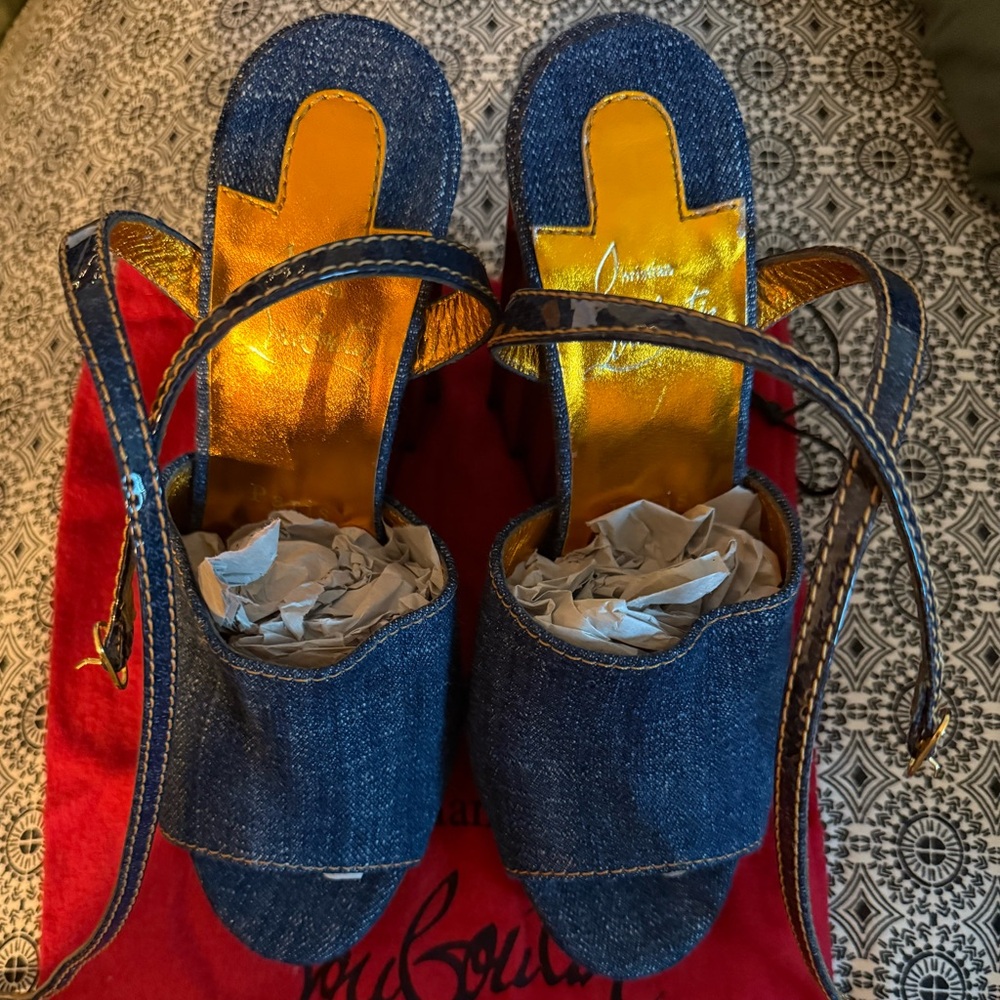 Christian Louboutin Blue Denim Sandals with Gold Insole